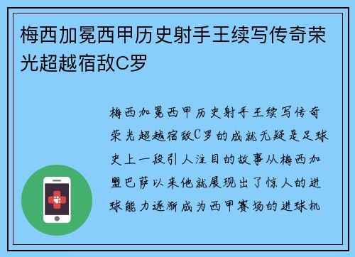 梅西加冕西甲历史射手王续写传奇荣光超越宿敌C罗